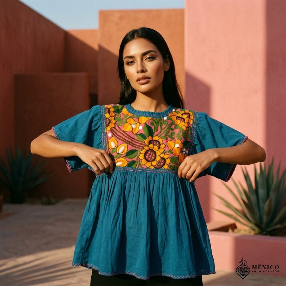 Mexican hand made  Blouse – Handmade design  peasent uni size S to M